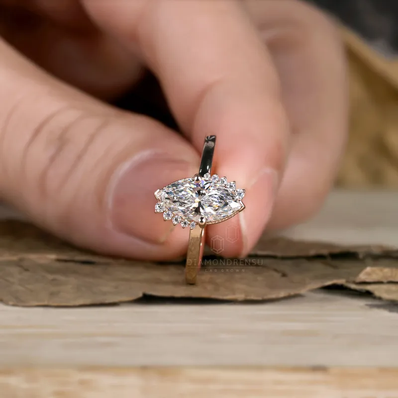 Vintage Inspired Halo Engagement Ring, 1.03 CT Marquise Cut E/VS Lab Diamond Ring, Milgrain Setting Ring view 4