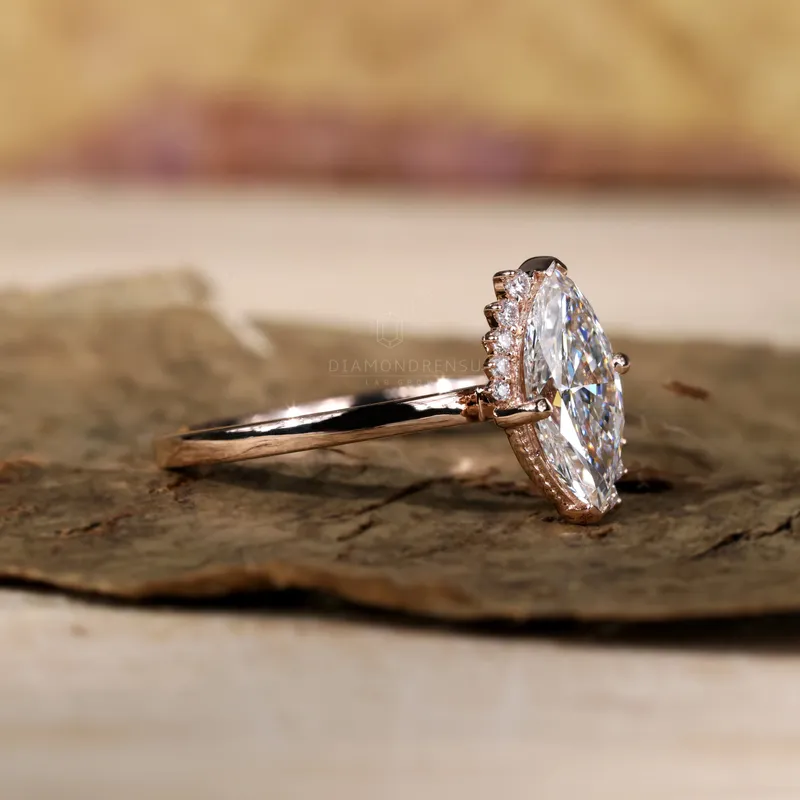 Vintage Inspired Halo Engagement Ring, 1.03 CT Marquise Cut E/VS Lab Diamond Ring, Milgrain Setting Ring view 3