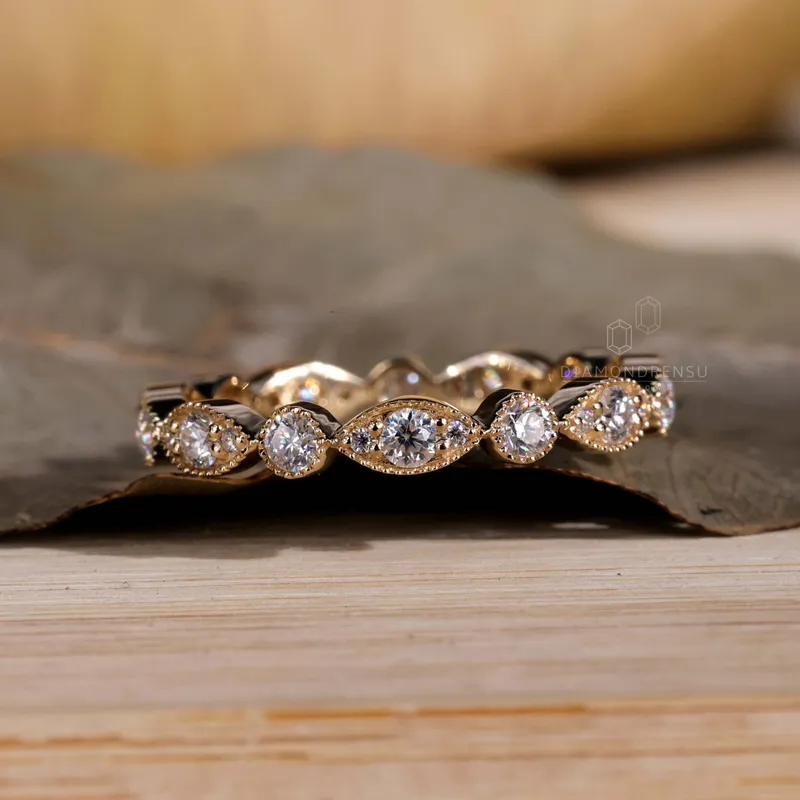 Vintage Style Matching Wedding Ring, 0.75 TW Round Brilliant Cut Milgrain Bezel Set Lab Created Diamond Eternity Band vy 3