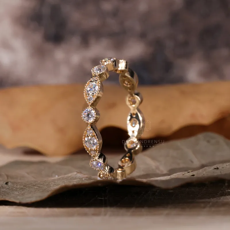 Vintage Style Matching Wedding Ring, 0.75 TW Round Brilliant Cut Milgrain Bezel Set Lab Created Diamond Eternity Band vy 2