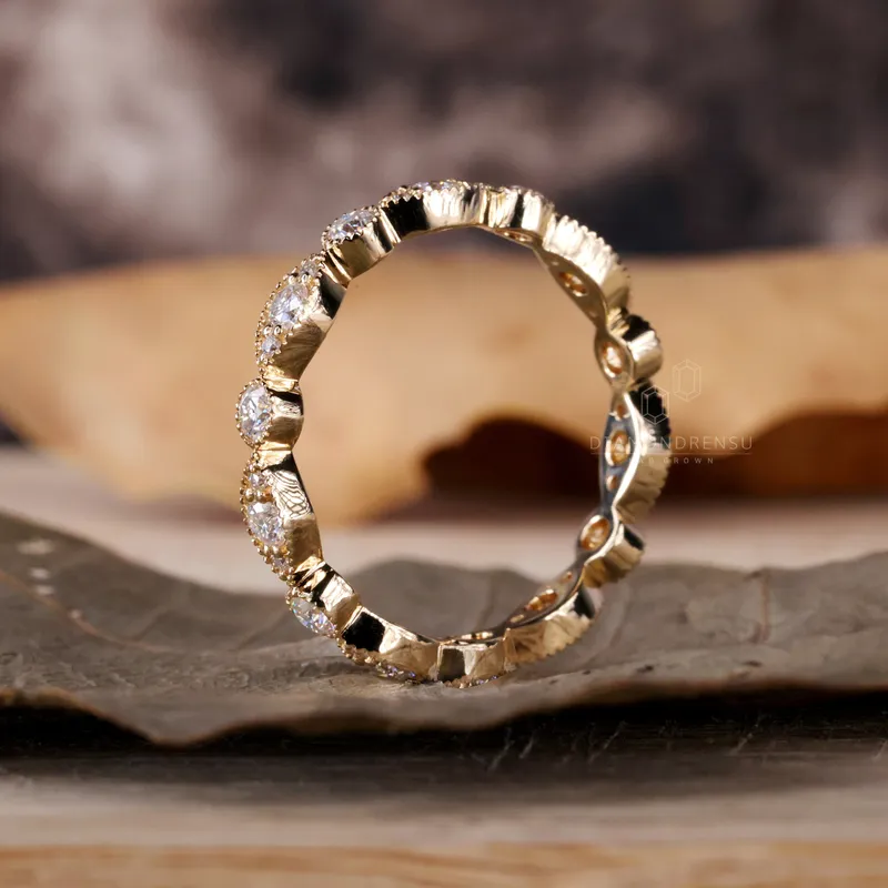 Vintage Style Matching Wedding Ring, 0.75 TW Round Brilliant Cut Milgrain Bezel Set Lab Created Diamond Eternity Band vy 4