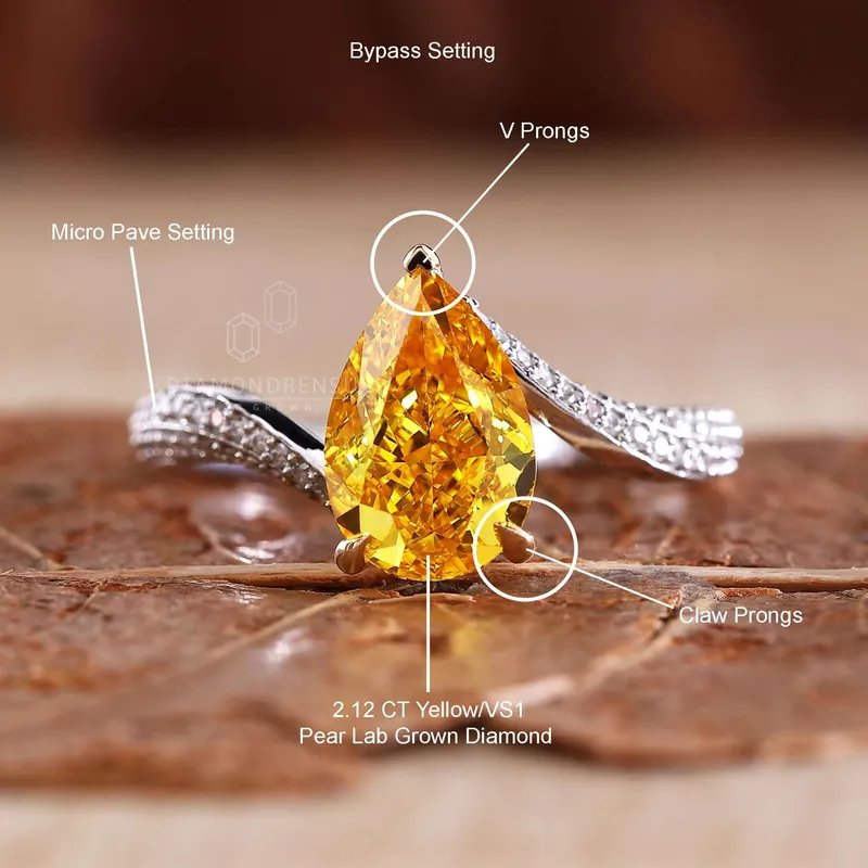 Yellow Pear Lab Grown Diamond Bypass Pave Engagement Ring view 9