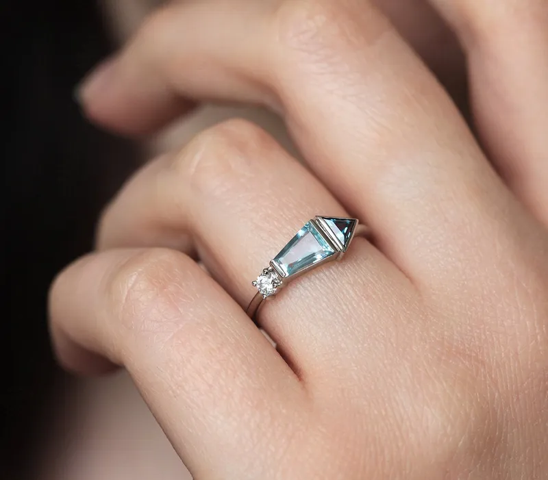 Dita Trapezoid-Cut Aquamarine Alexandrite Diamond Cluster Ring view 2