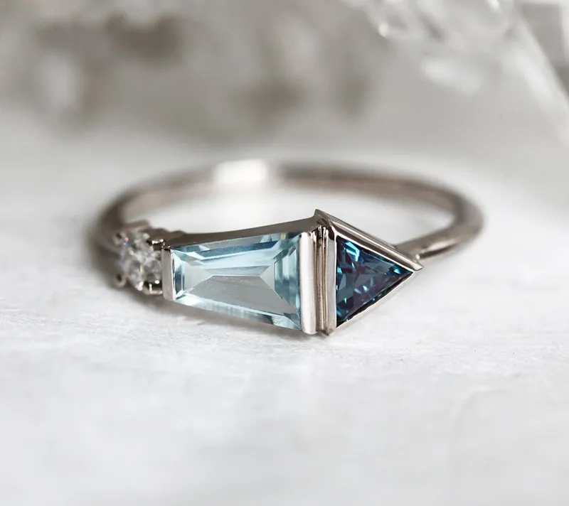Dita Trapezoid-Cut Aquamarine Alexandrite Diamond Cluster Ring view 3