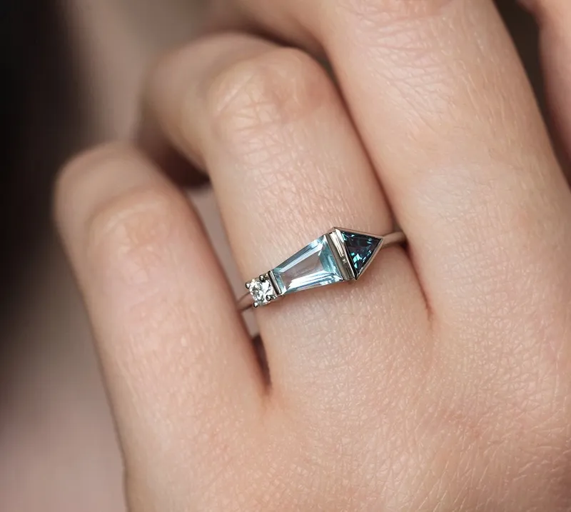 Dita Trapezoid-Cut Aquamarine Alexandrite Diamond Cluster Ring view 4