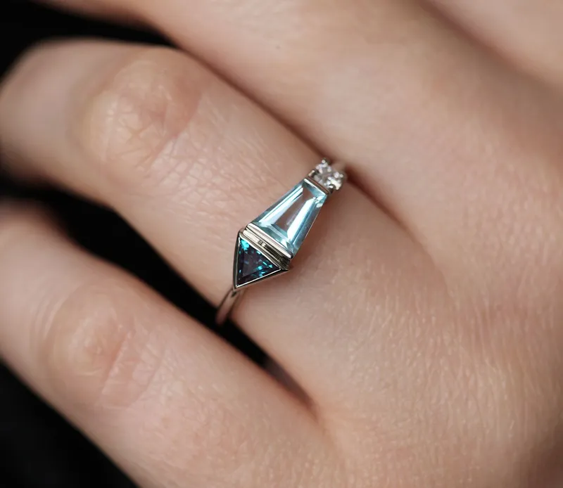 Dita Trapezoid-Cut Aquamarine Alexandrite Diamond Cluster Ring view 5