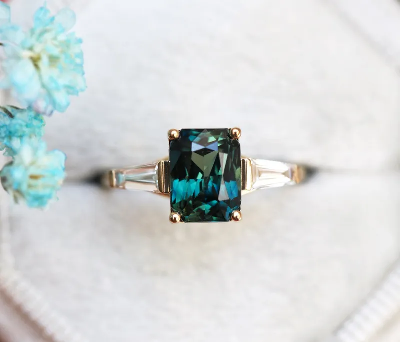 Dolores Teal Sapphire Diamond Ring sapphire emerald cut engagement ring