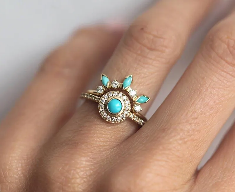 DREAMCATCHER RING SET, TURQUOISE DIAMOND RING SET blue round cut engagement ring