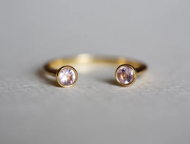 Dual Birthstone Ring, Horseshoe Ring pink sapphire round cut engagement ring