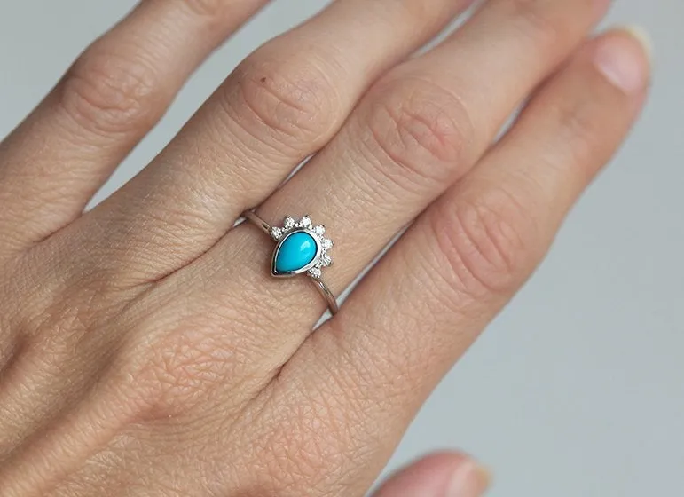 Elegant Turquoise Ring With Half Halo Diamond Crown view 2