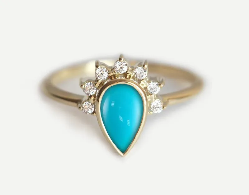 Elegant Turquoise Ring With Half Halo Diamond Crown view 3