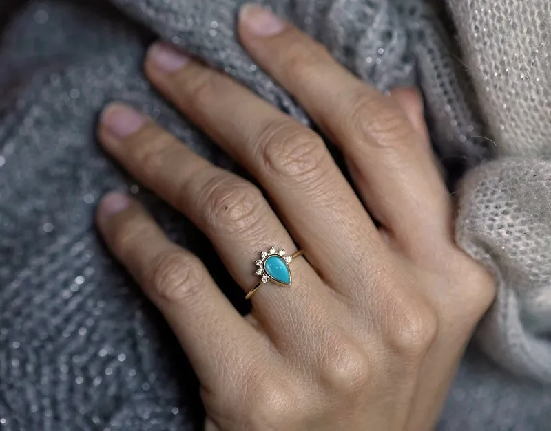 Elegant Turquoise Ring With Half Halo Diamond Crown view 4