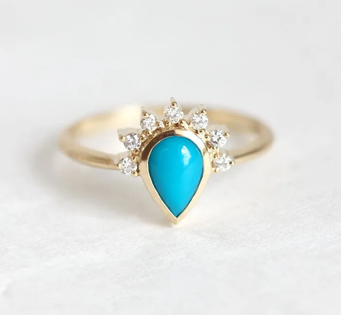 Elegant Turquoise Ring With Half Halo Diamond Crown blue pear cut engagement ring