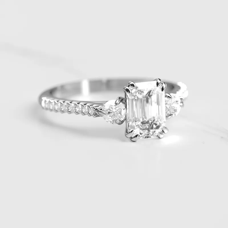 EMERALD HALF PAVE DIAMOND RING WITH ACCENT STONES view 3