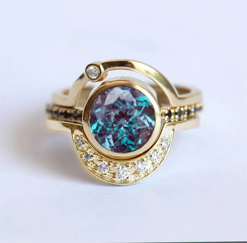 ECLIPSE ALEXANDRITE RING SET round cut engagement ring