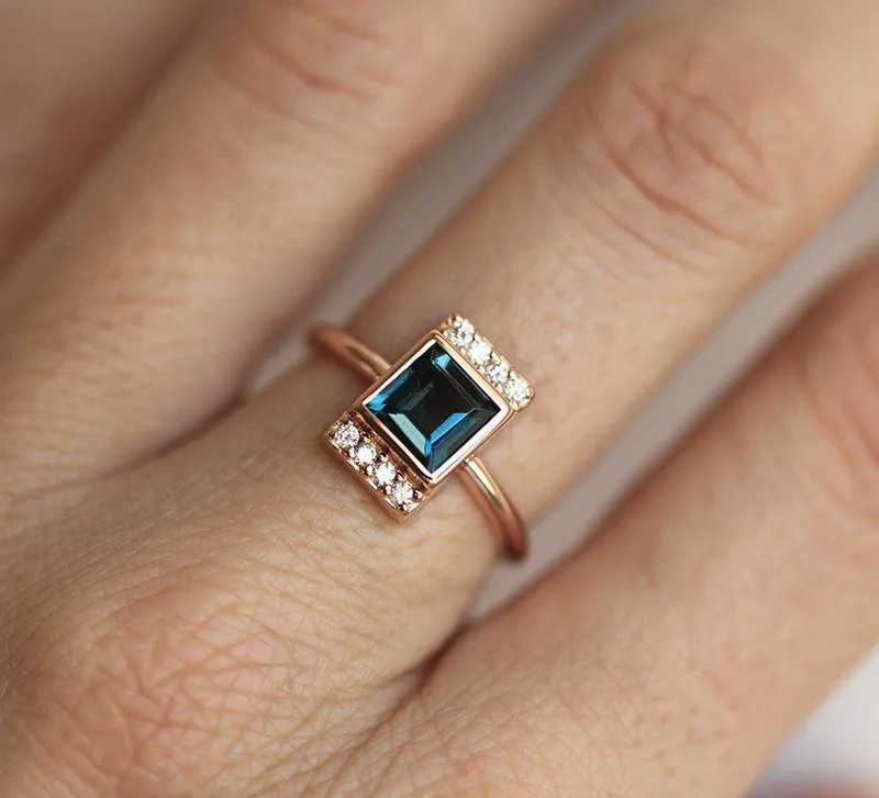 Eden London Blue Topaz Engagement Ring With Pave Diamonds view 4