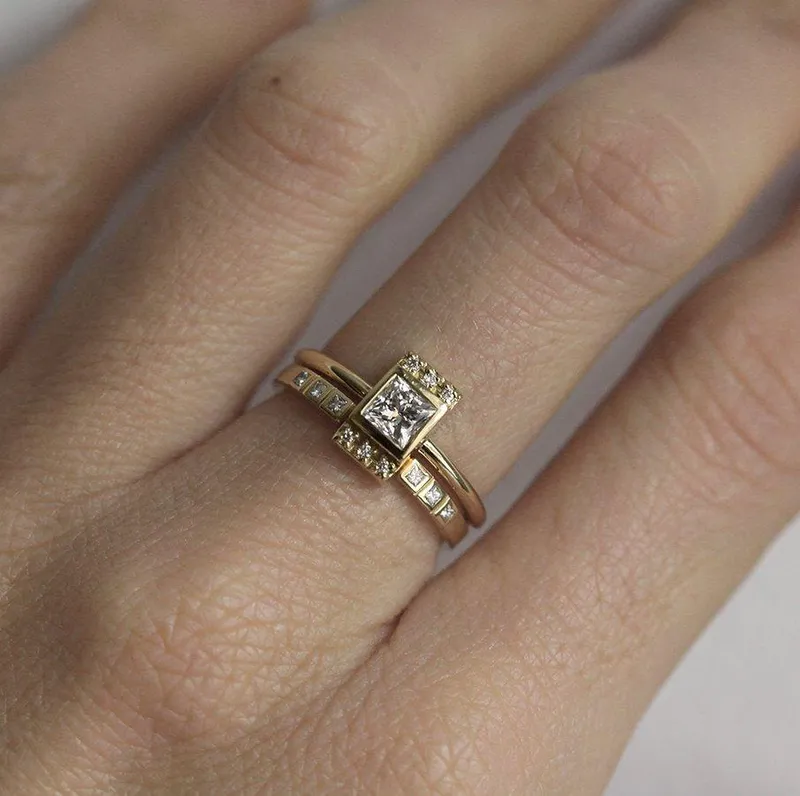 Eden Princess Diamond Ring Set With Matching Open Diamond Band view 2