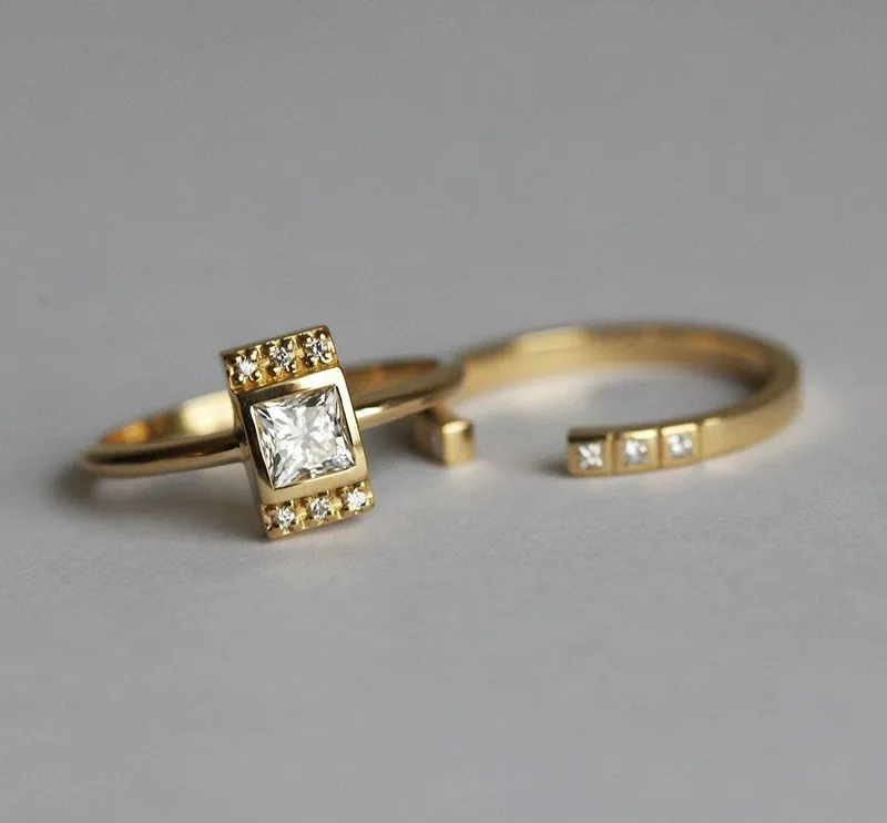 Eden Princess Diamond Ring Set With Matching Open Diamond Band view 3