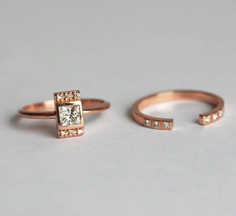 Eden Princess Diamond Ring Set With Matching Open Diamond Band view 5