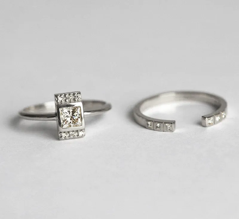 Eden Princess Diamond Ring Set With Matching Open Diamond Band view 6