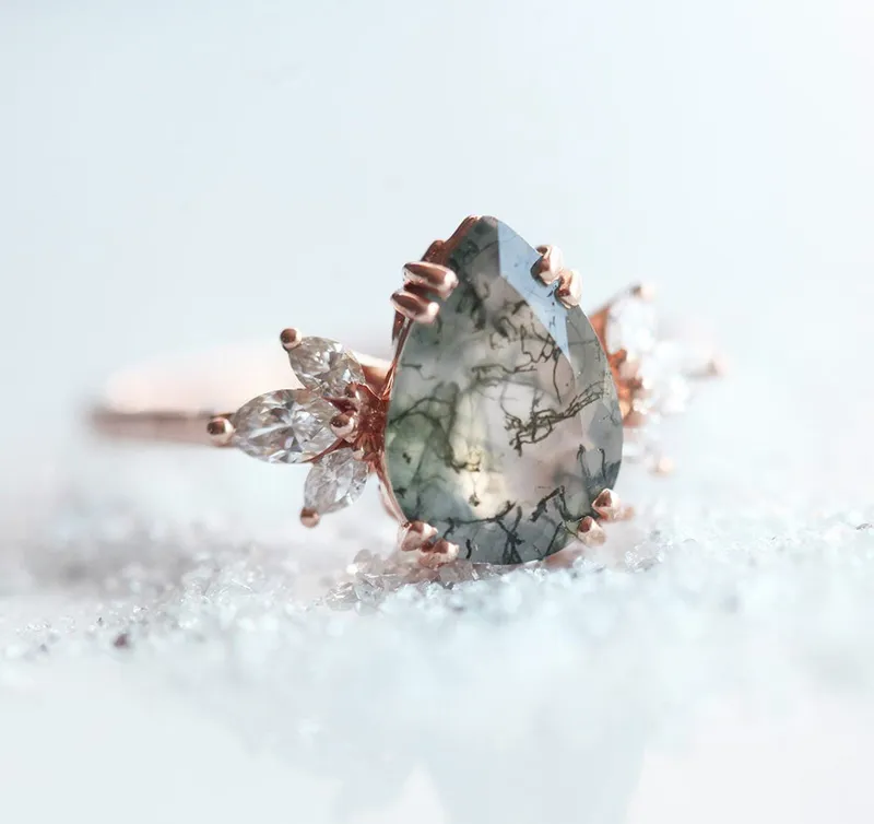 ELEANOR PEAR MOSS AGATE AND DIAMOND RING view 12