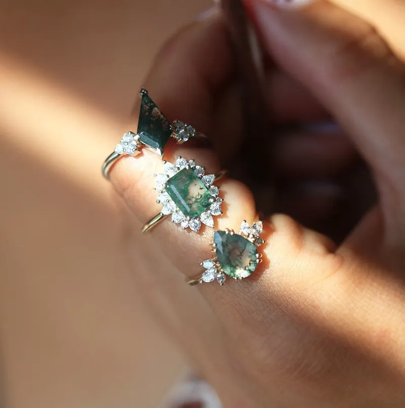 ELEANOR PEAR MOSS AGATE AND DIAMOND RING view 2