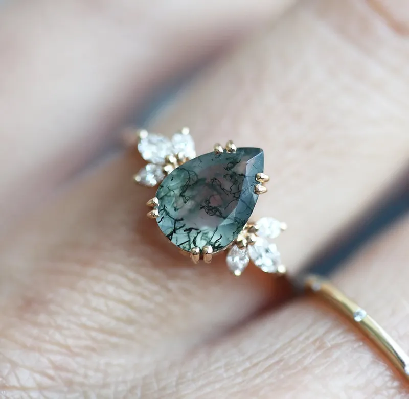 ELEANOR PEAR MOSS AGATE AND DIAMOND RING view 4