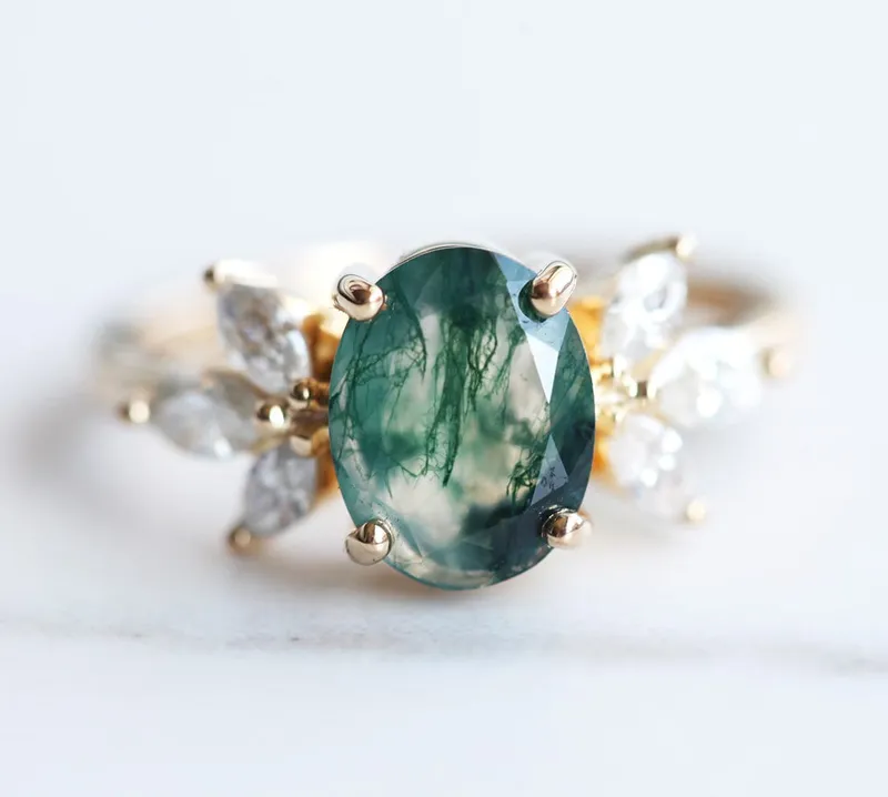 ELEANOR PEAR MOSS AGATE AND DIAMOND RING view 7