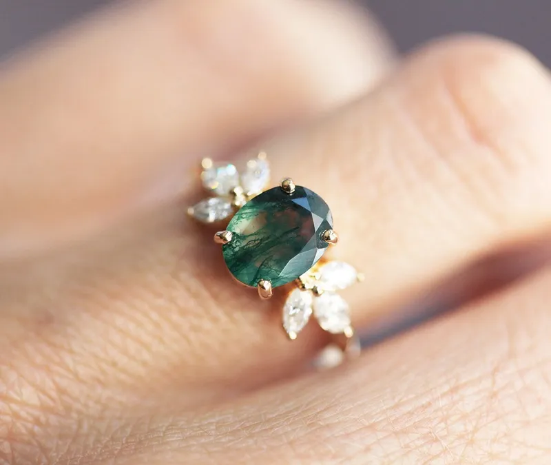 ELEANOR PEAR MOSS AGATE AND DIAMOND RING view 8