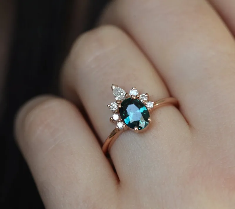 Electra Teal Sapphire Diamond Ring view 2