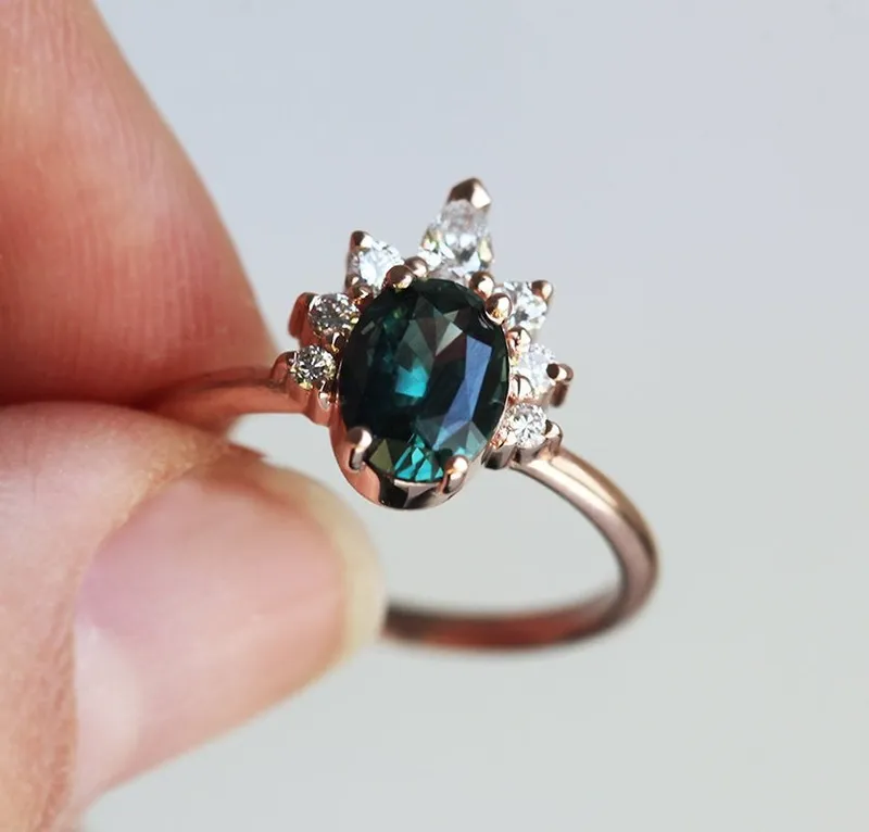 Electra Teal Sapphire Diamond Ring view 4