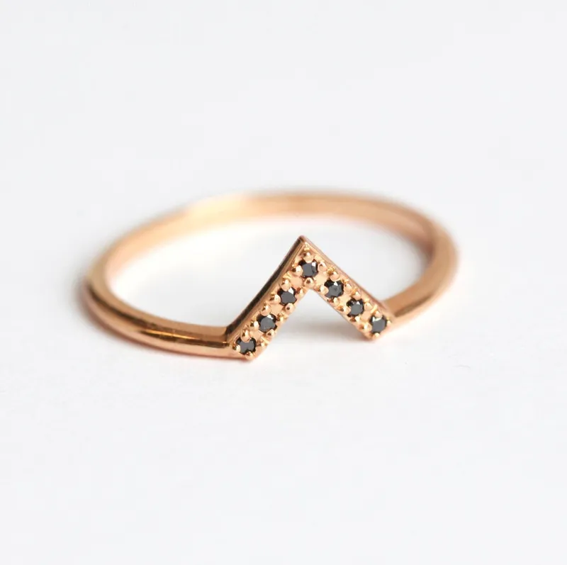 Elegant Black Diamond Chevron Gold Ring With Prong Setting view 6