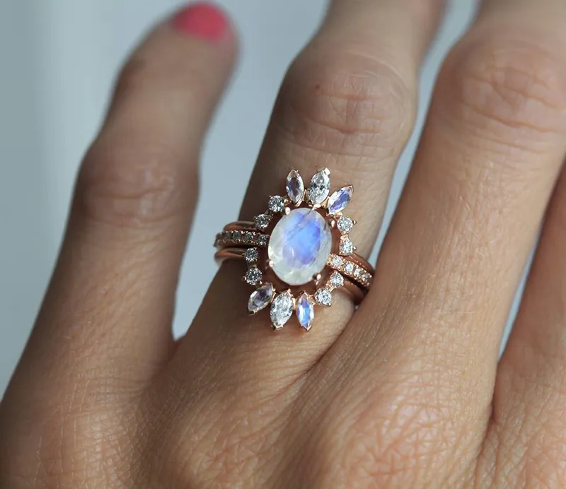 Elle Ice Wedding Ring Set, Diamond Moonstone Ring view 10