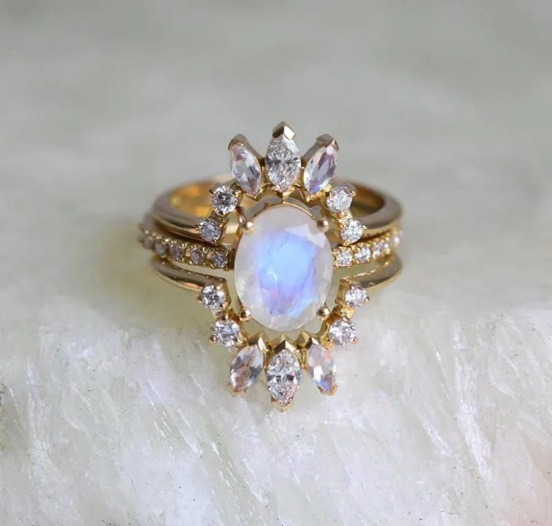 Elle Ice Wedding Ring Set, Diamond Moonstone Ring view 11