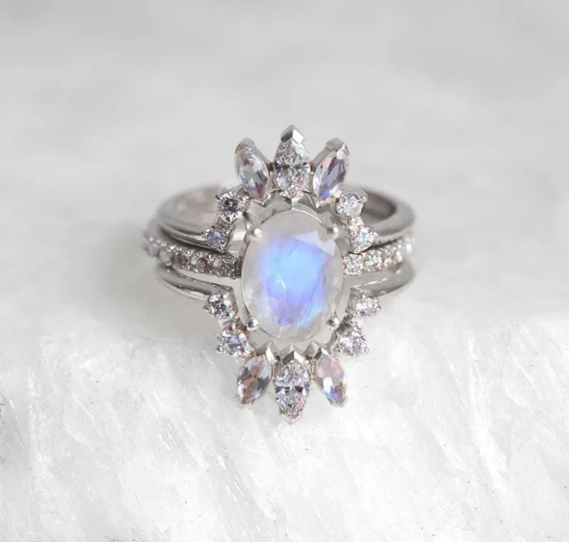 Elle Ice Wedding Ring Set, Diamond Moonstone Ring view 12