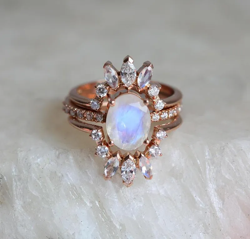 Elle Ice Wedding Ring Set, Diamond Moonstone Ring view 2