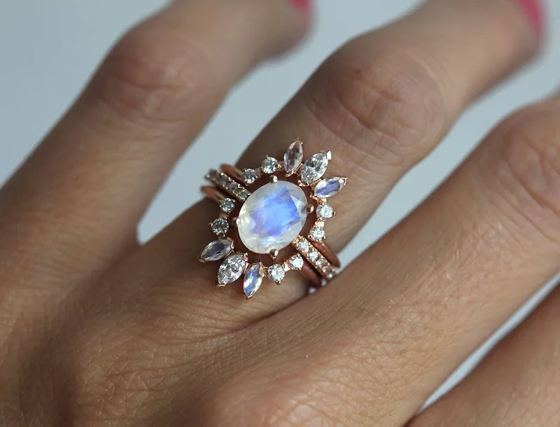 Elle Ice Wedding Ring Set, Diamond Moonstone Ring view 3