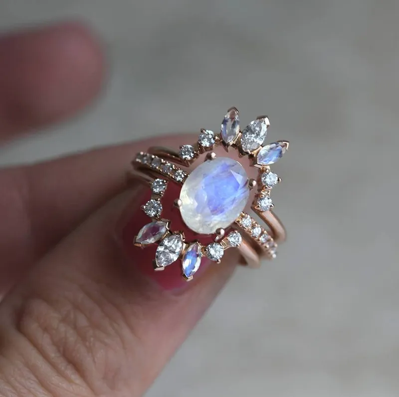 Elle Ice Wedding Ring Set, Diamond Moonstone Ring view 4