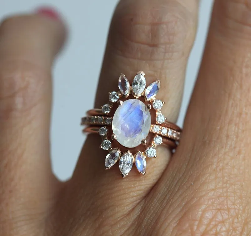 Elle Ice Wedding Ring Set, Diamond Moonstone Ring view 5