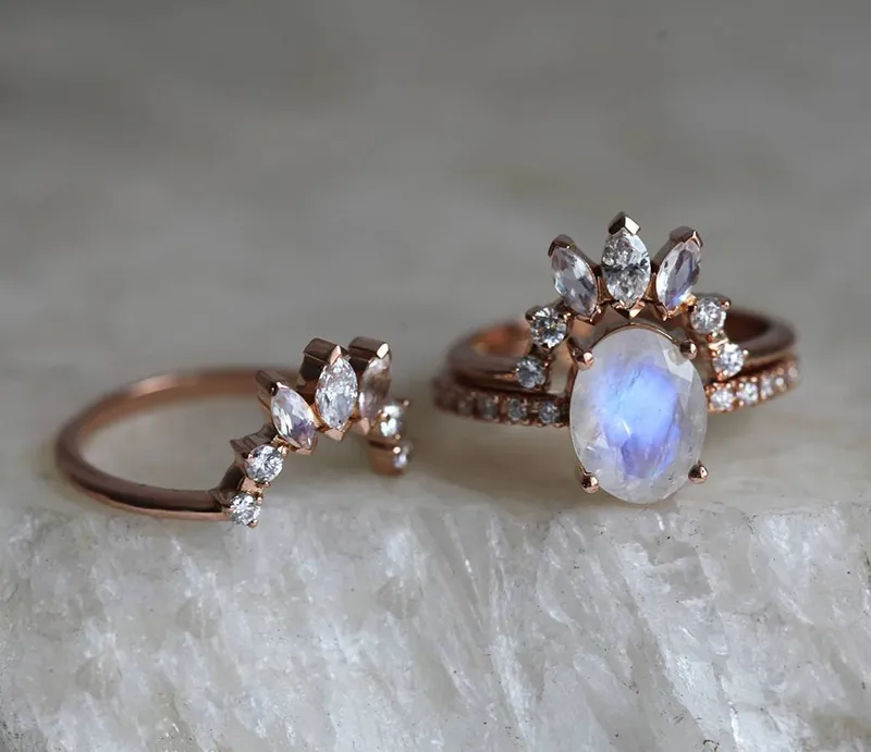 Elle Ice Wedding Ring Set, Diamond Moonstone Ring view 6