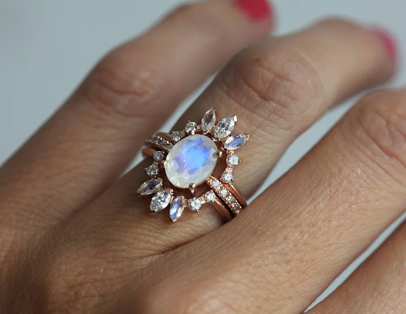 Elle Ice Wedding Ring Set, Diamond Moonstone Ring view 7