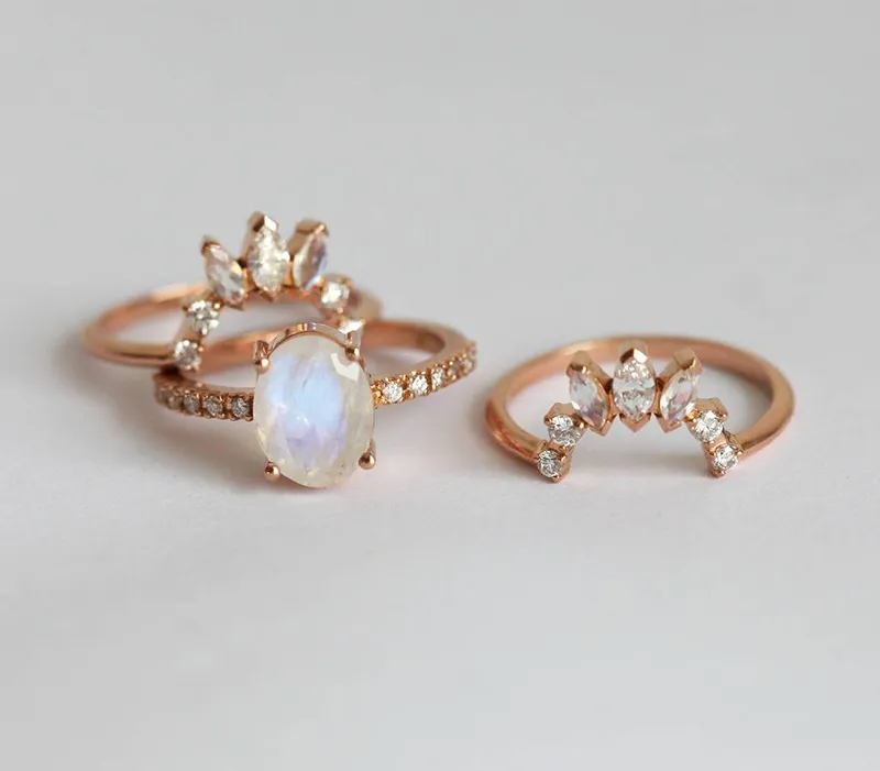 Elle Ice Wedding Ring Set, Diamond Moonstone Ring view 8