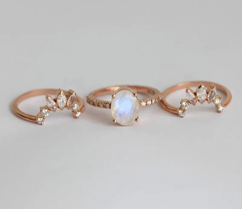 Elle Ice Wedding Ring Set, Diamond Moonstone Ring view 9