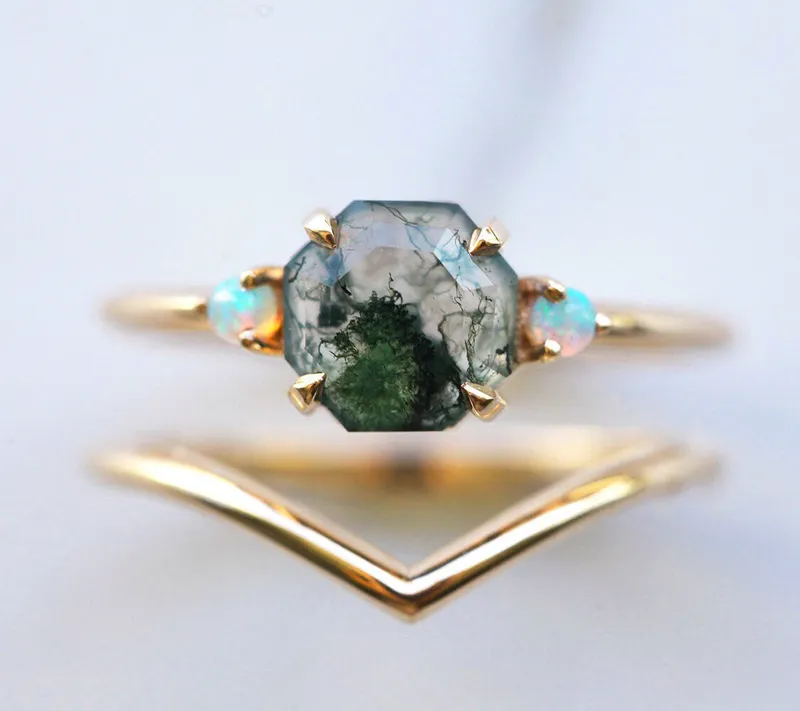 Ellie Octagon Moss Agate And Opal Ring Set vy 10