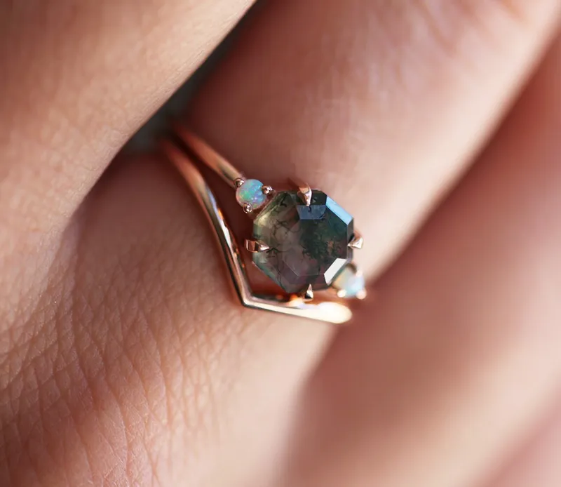 Ellie Octagon Moss Agate And Opal Ring Set vy 2