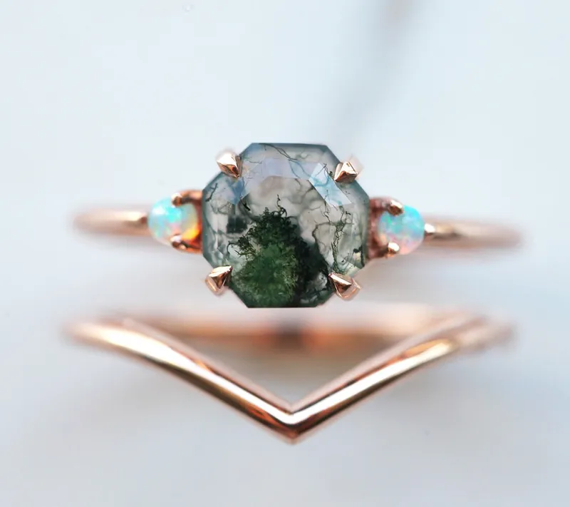 Ellie Octagon Moss Agate And Opal Ring Set vy 3
