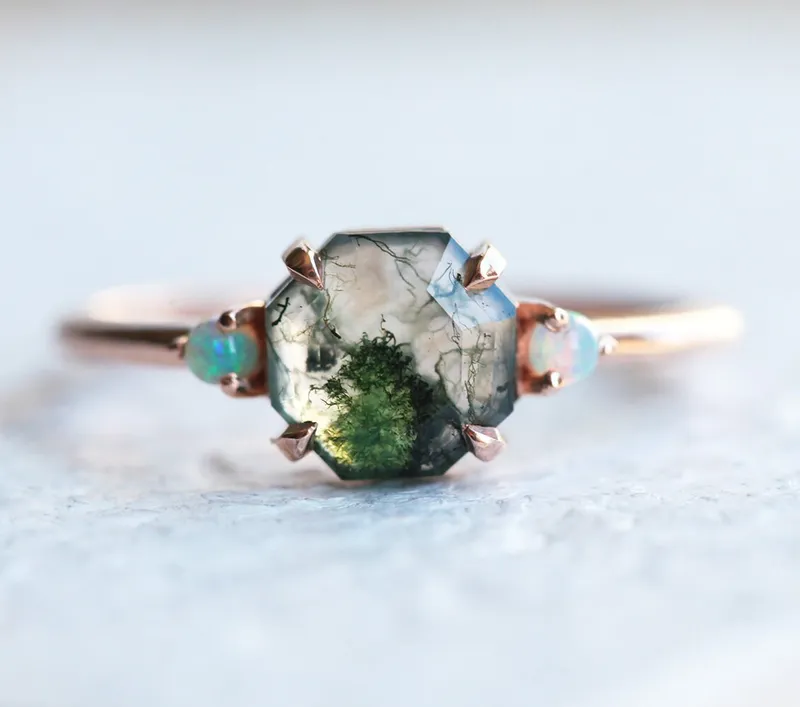 Ellie Octagon Moss Agate And Opal Ring Set vy 4