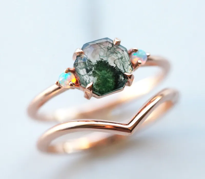 Ellie Octagon Moss Agate And Opal Ring Set vy 5