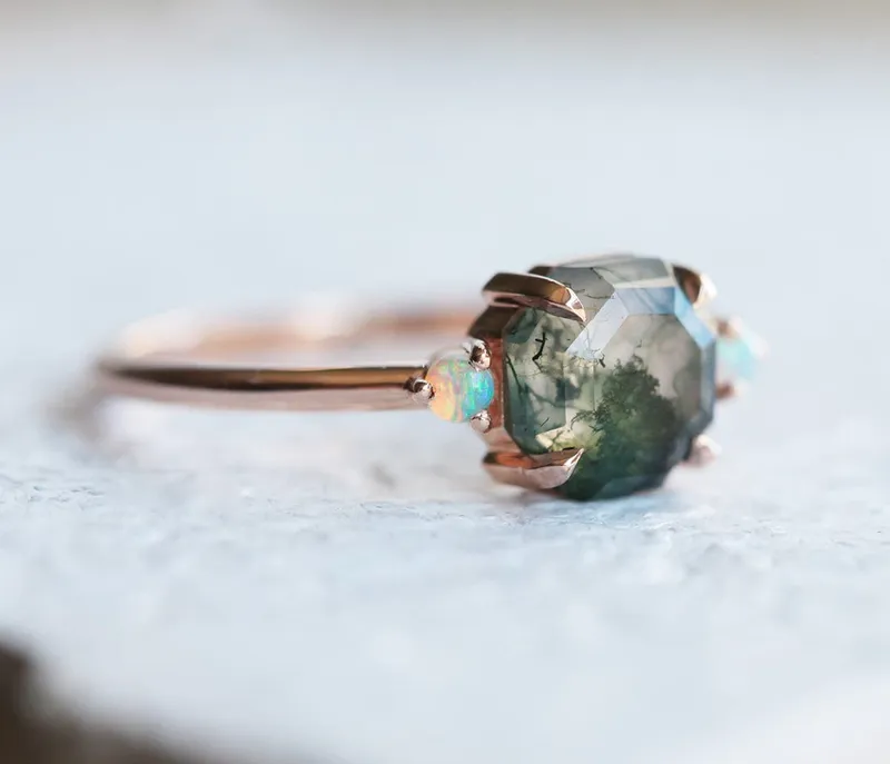 Ellie Octagon Moss Agate And Opal Ring Set vy 6