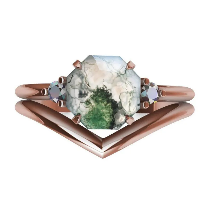 Ellie Octagon Moss Agate And Opal Ring Set vy 7